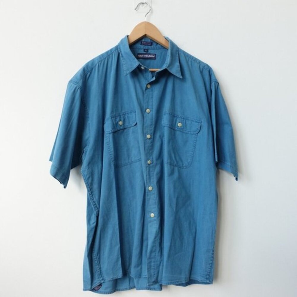 Van Heusen Shirt Mens EXTRA LARGE Blue Cotton Button‎ Chest Pockets Utility